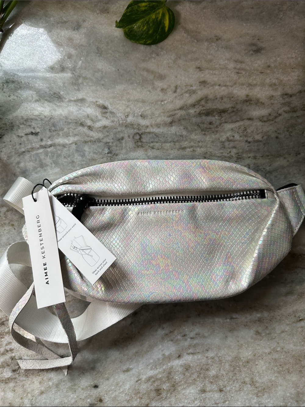 Aimee Kestenberg Iridescent White Snake-Embossed Crossbody Belt Bag